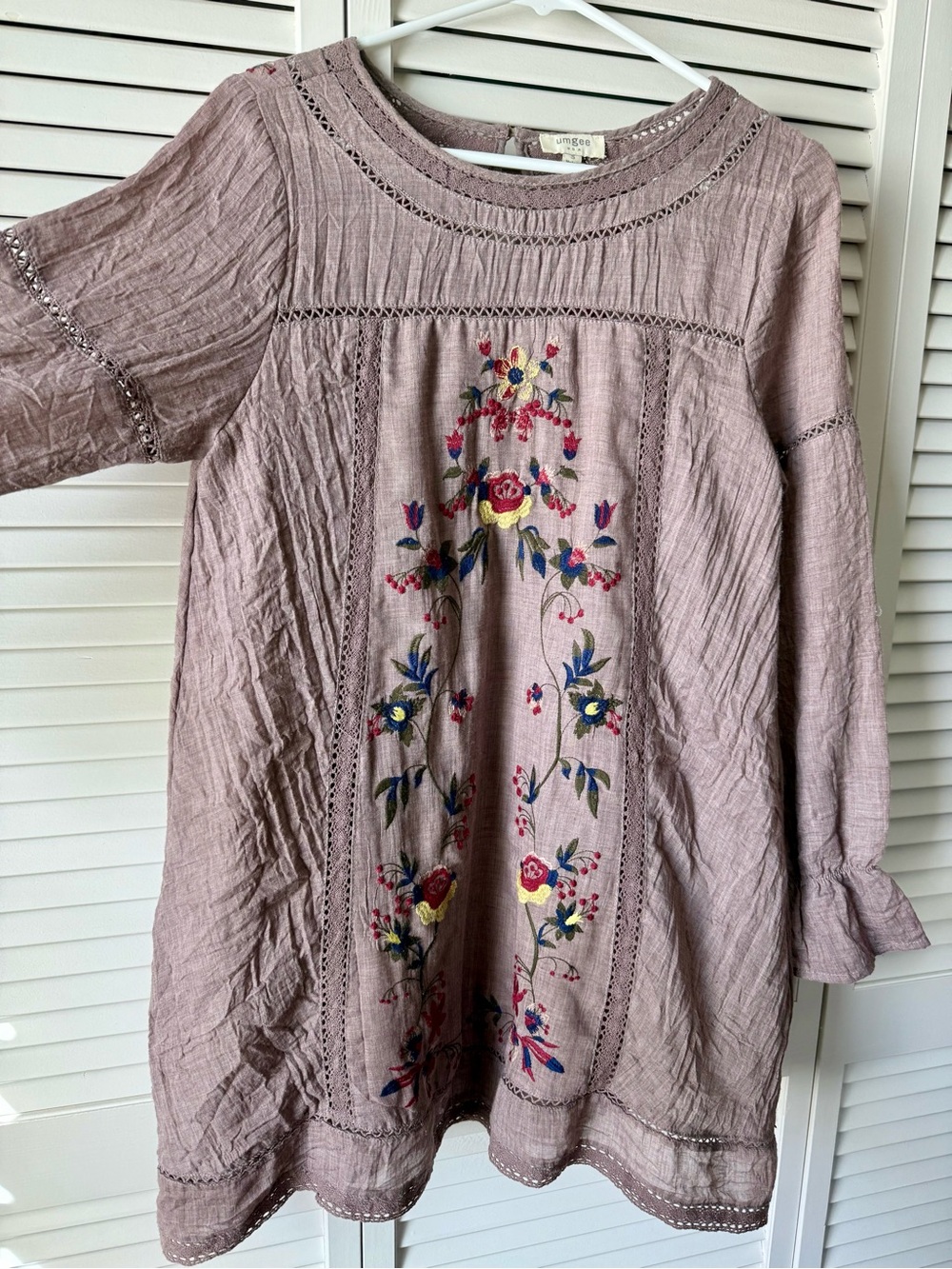 Umgee Dusty Mauve Embroidered Boho Mini Dress